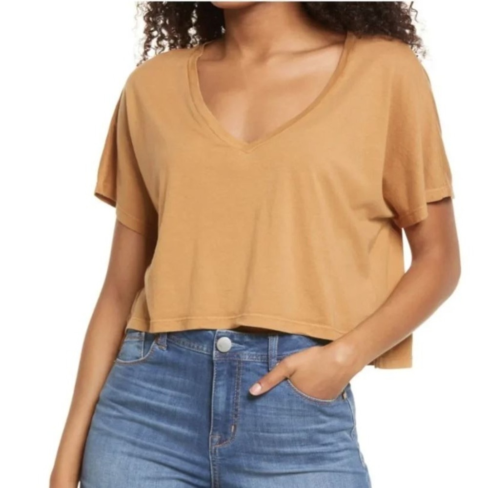 BP. Women's V-Neck Dolman Short Sleeve Modal Blend Crop T-Shirt Tan Dale XSmall